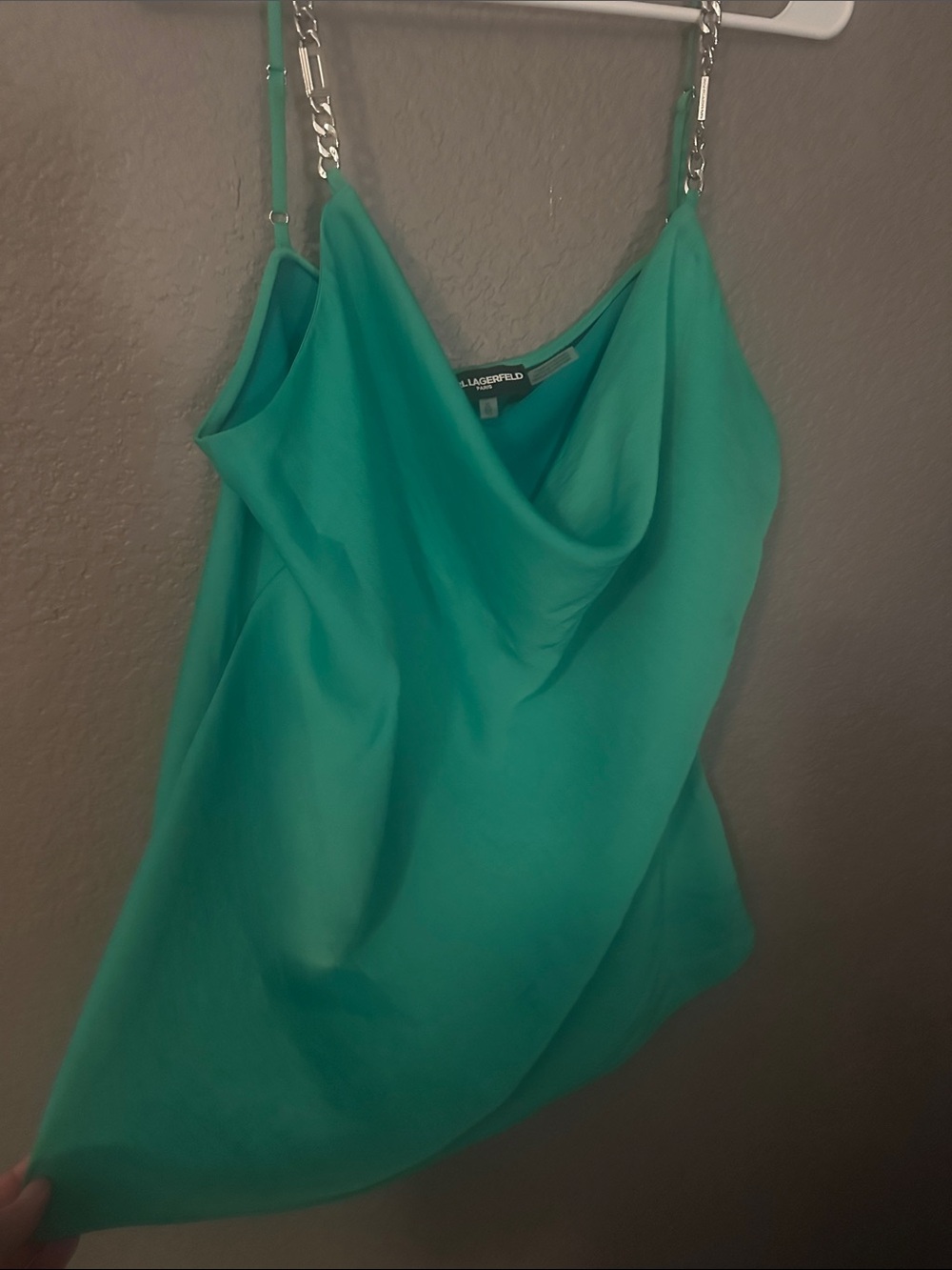 KARL LAGERFELD Emerald Green Cowl Neck Camisole with Chain Straps - Picture 5 of 8